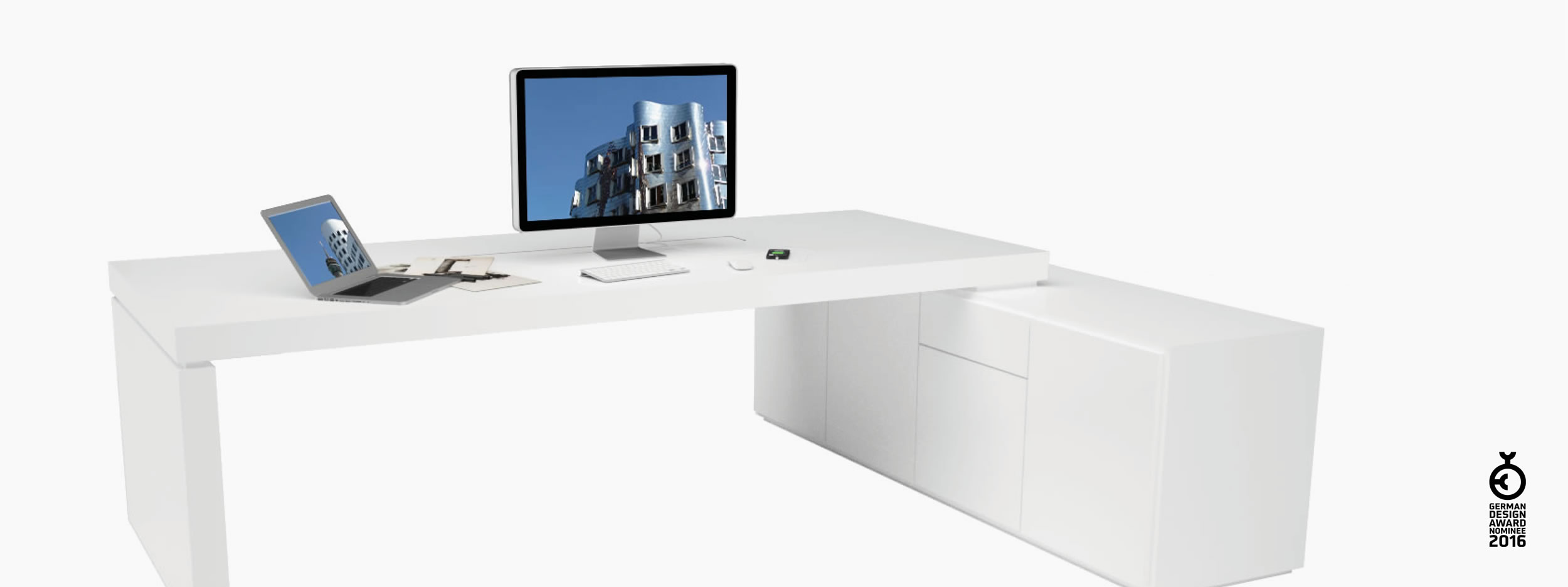 Schreibtisch scheiben und quader weiss white spaces Chefzimmer collectible design Schreibtische FS 94 FELIX SCHWAKE RECHTECK