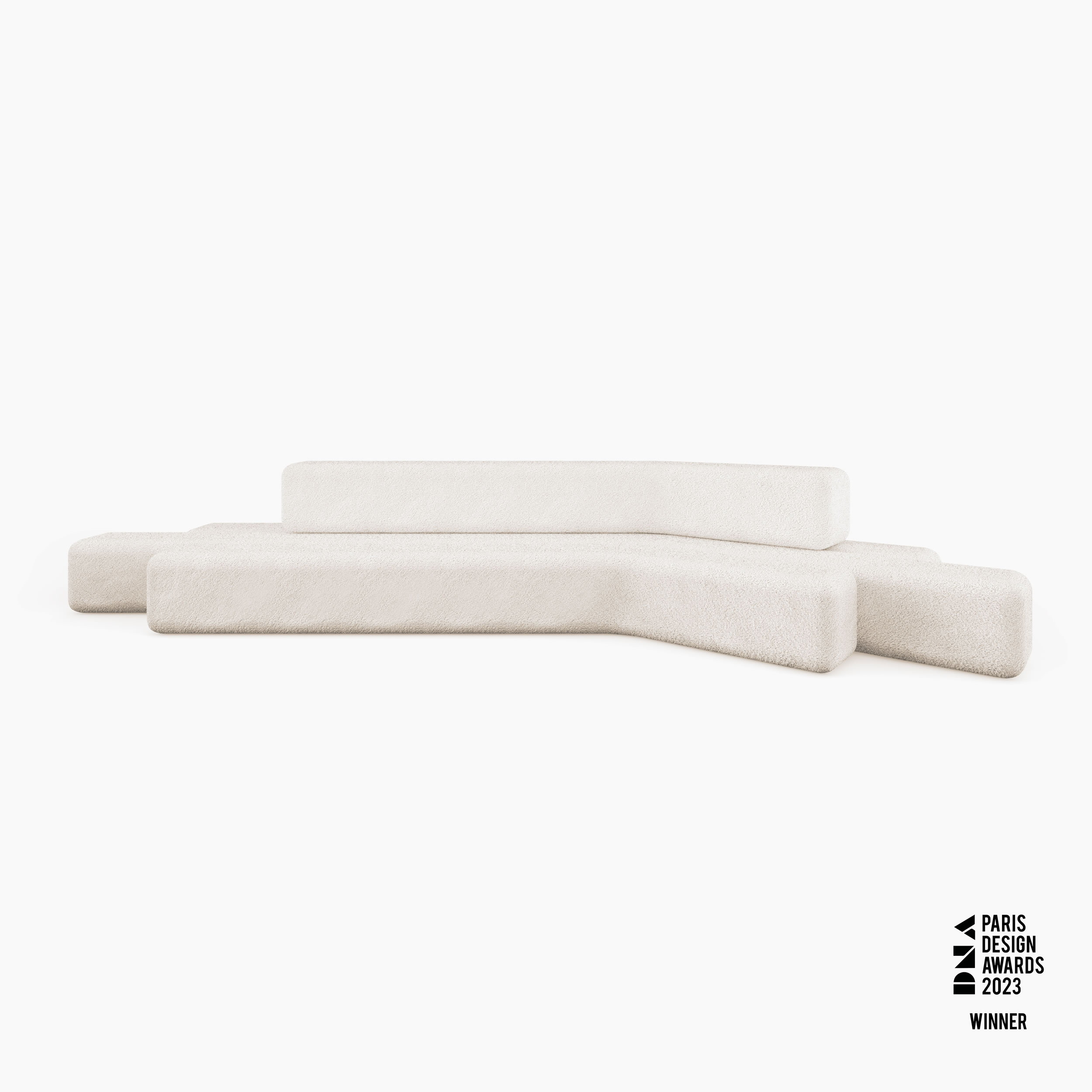 Sofa aus langen gebogenen quadratischen Riegeln Boucle architektonisch Wohnzimmer Kunstwerk Sofas FS 413 FELIX SCHWAKE