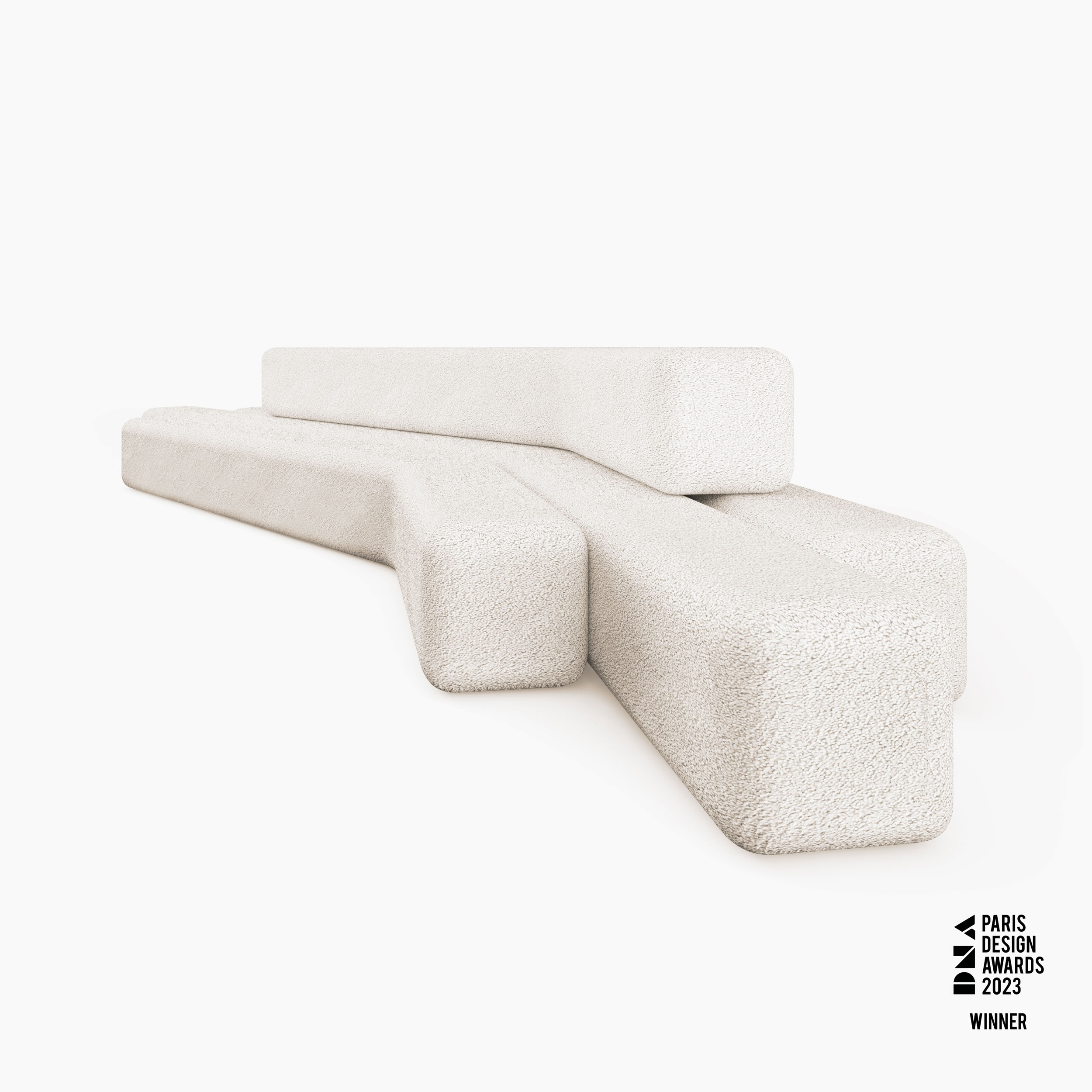 Sofa aus langen gebogenen quadratischen Riegeln Boucle minimalistisch Wohnzimmer Innenarchitektur Sofas FS 413 FELIX SCHWAKE