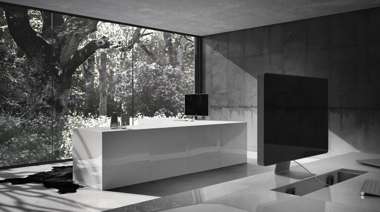 Eck-Schreibtisch aus wei&szlig;en Lack-W&uuml;rfeln