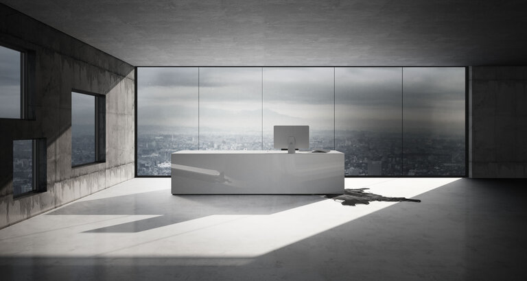 Chefzimmer-Schreibtisch vorne geschlossen in weissem Hochglanzlack