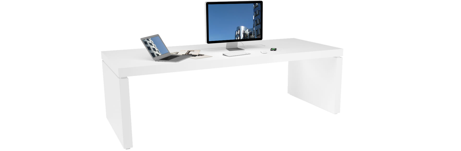 Chef-Schreibttisch wei&szlig; Hochglanz-Lack Kabelkanal