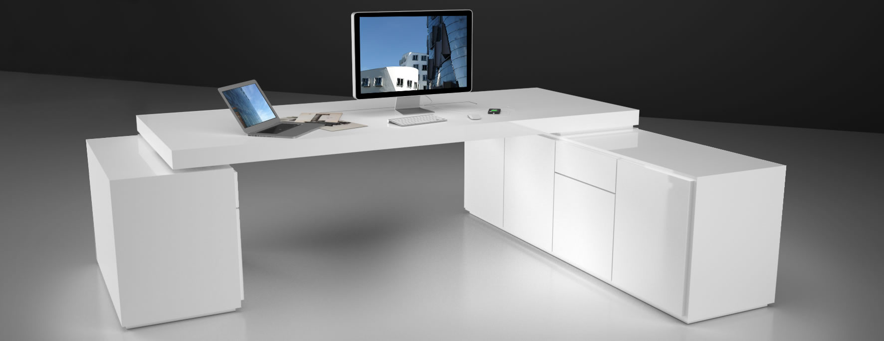 chefschreibtisch weiss techniksideboards hochglanz luxus edel praefectus rechteck