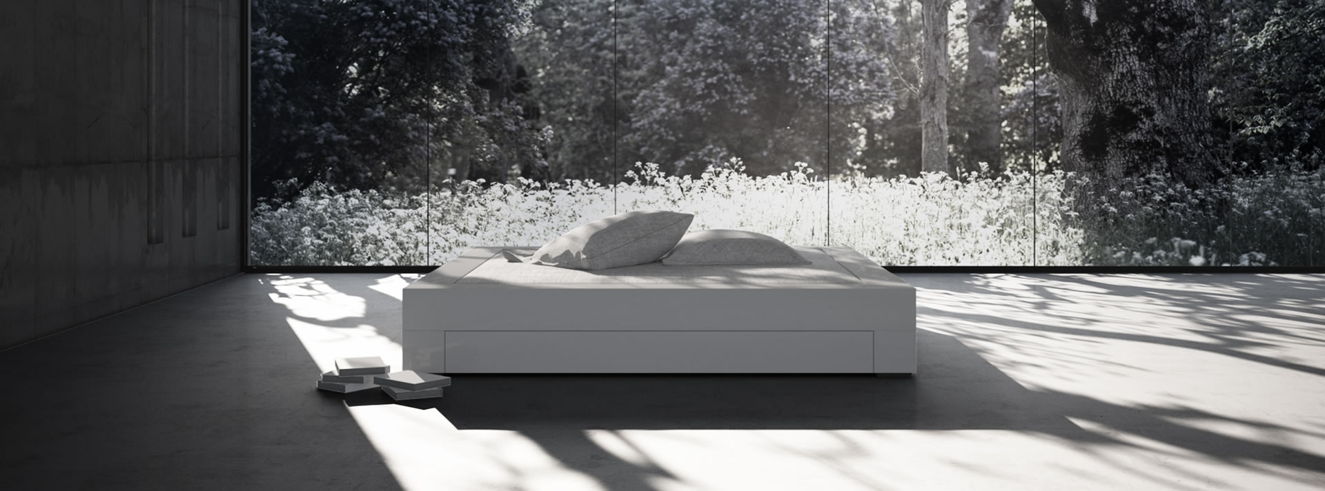 schlafzimmer designer minimalistisch bett weiss lack modern hochglanzFELIX SCHWAKE RECHTECK